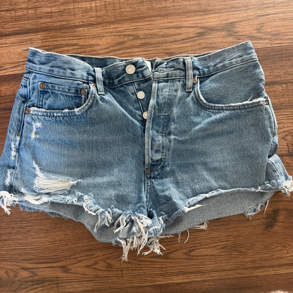 Agolde Light Blue Distressed Denim Jean Shorts